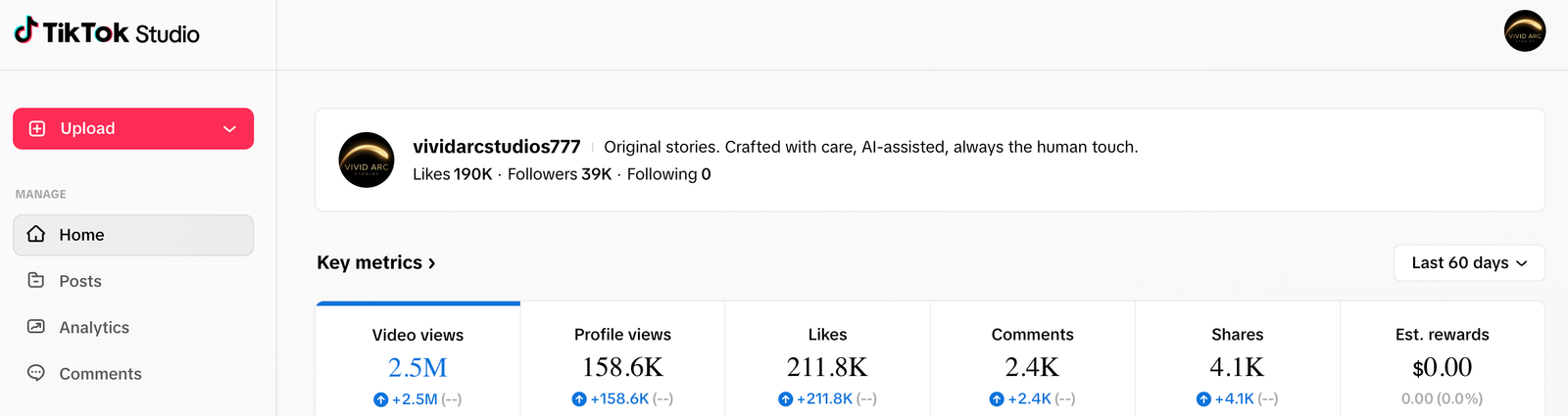 TikTok Studio key metrics showing 2.5M video views over the last 60 days
